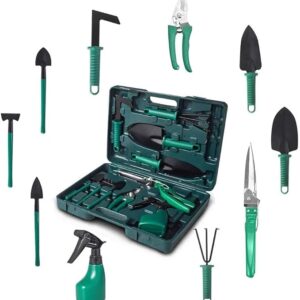 Kit de Ferramentas de Jardinagem 10 Peças Maleta - AMOVO Fox Garden - Metal - Verde - GARDEN_TOOL_SET