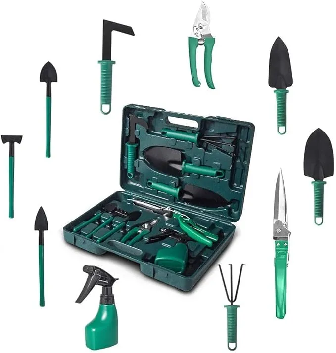 Kit de Ferramentas de Jardinagem 10 Peças Maleta - AMOVO Fox Garden - Metal - Verde - GARDEN_TOOL_SET